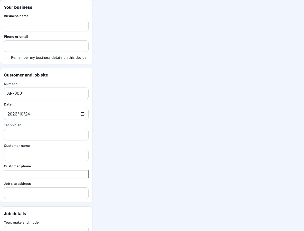 Auto repair work order template example