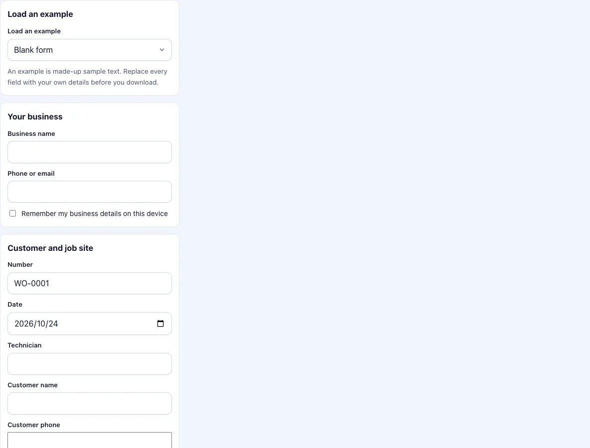 Work order example example