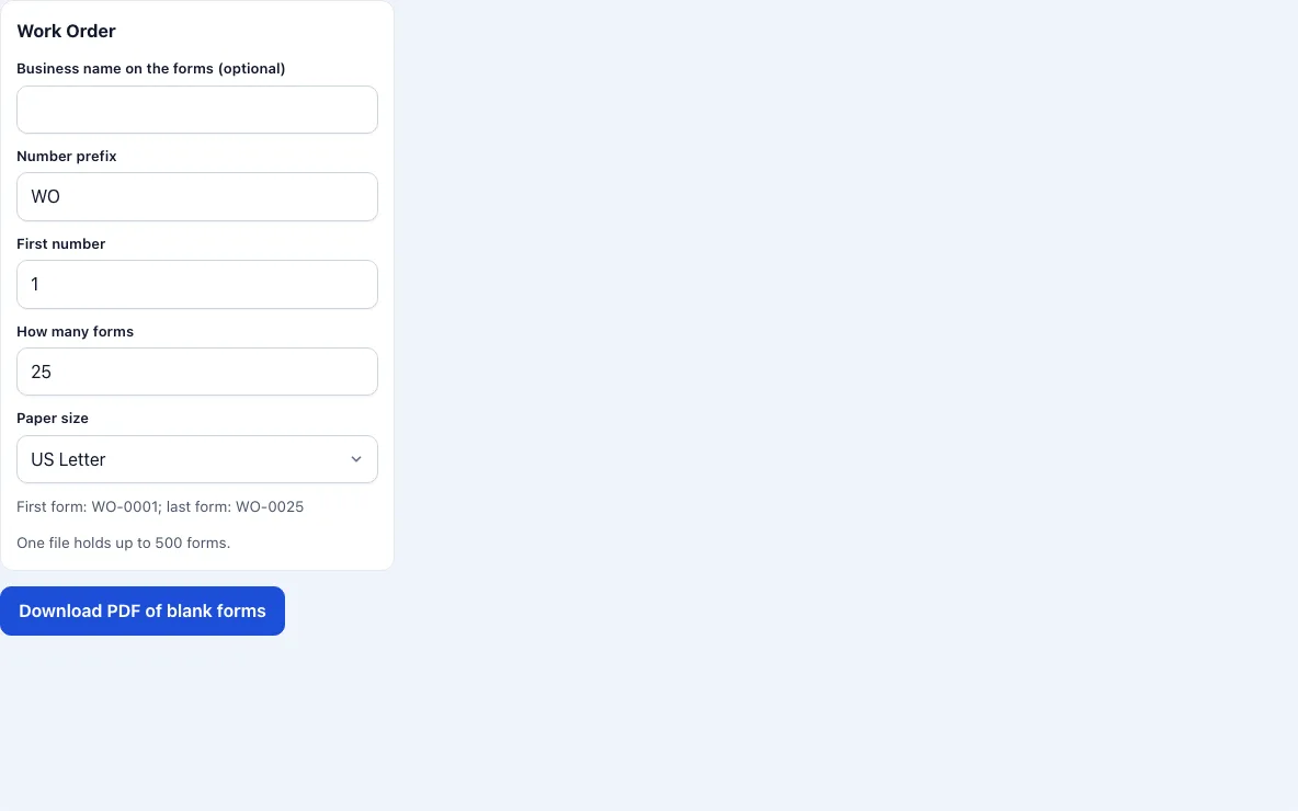 Work order generator example
